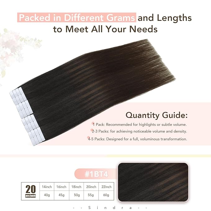 Sindra Invisi Edge Tape in Hair Extensions Human Hair, 20 Inch 55g 20pcs Natural Black to Medium Brown Invisible Extensions Natural Straight Seamless Injected Tape Ins