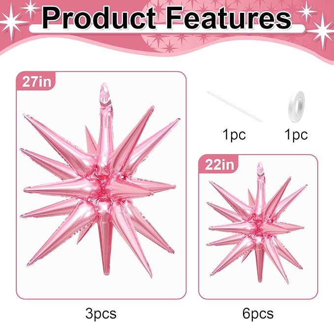 9Pcs Pink Star Balloons, Large Explosion Star Foil Balloons, Metallic Pink - Image 2