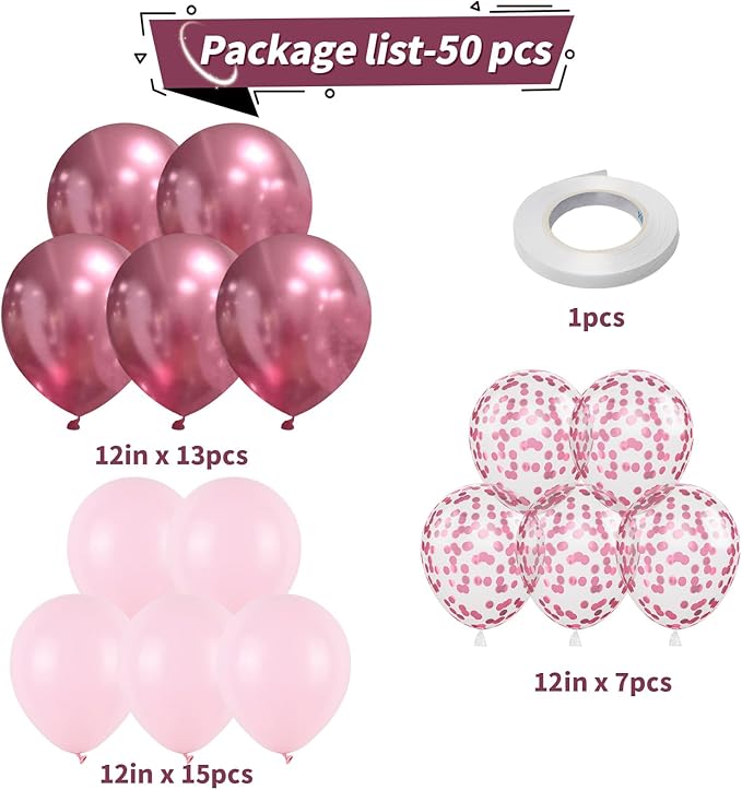 Pink Balloons Set, 12 Inch Pastel Baby Light Metallic Hot Pink Confetti Latex - Image 3