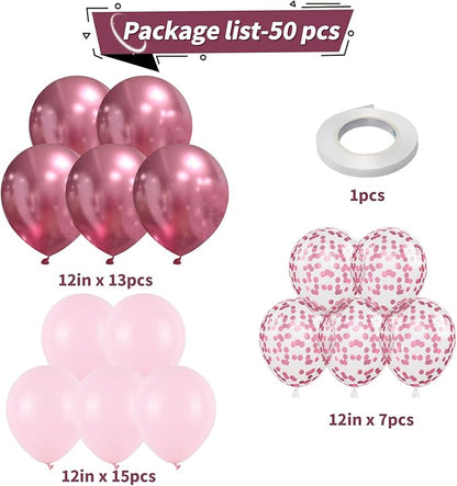 Pink Balloons Set, 12 Inch Pastel Baby Light Metallic Hot Pink Confetti Latex - Image 3