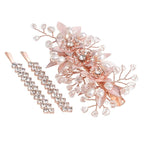 Floral Crystal Pearl Alligator Hair Clip and Rhinestone Bobby Pins, Elegant Hair Accessories for Bridal Women in Wedding or Prom, Set of 3 (Rose Gold)