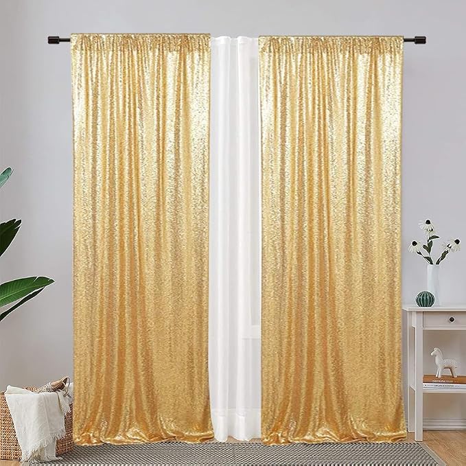 Eternal Beauty Gold Sequin Backdrop Curtains, 4 Panels 2x8FT | 3mm Sparkle - Image 2