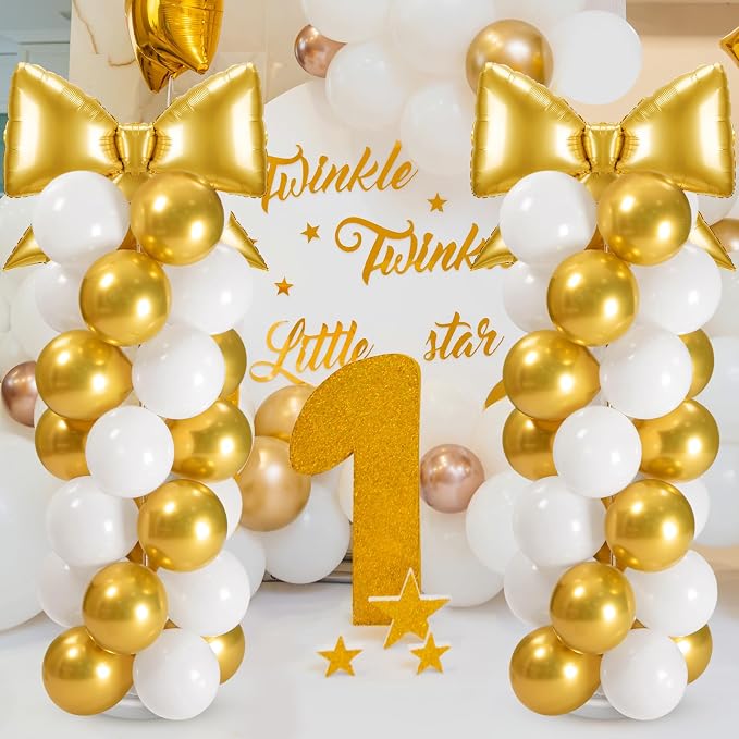 2 Sets Gold White Bow Balloon Column Stand Kit Includes 2 Bows & 100 Latex - Image 3