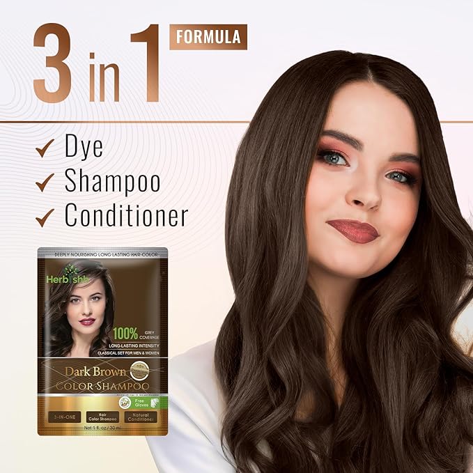 Herbishh Natural Hair Color Shampoo for Gray Hair - Argan Hair Mask, Travel Size, Long-Lasting Color, Ammonia-Free, 10 Pack + 1 Pack (Dark Brown)