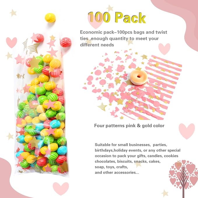 COQOFA 100 Pcs 5"X11" Cello Cellophane Treat Bags Party Favor bags Pink Candy - Image 3