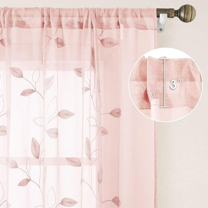 HOMEIDEAS Blush Pink Sheer Curtains W52 x L96, Embroidered Vine Leaf | 2 Panels - Image 5