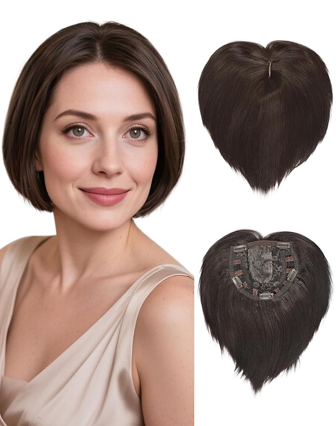 QUEENTAS Brown Hair Topper for Women with Thinning Hair Pieces 6"*6"Large Coverage 360°3D Cover Silver Synthetic Short Bob with 5 Clips in Wiglets(Brown)