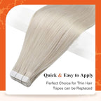 Full Shine Tape in Hair Extensions 12Inch Seamless Tape in Extensions Color 1000 White Blonde Soft Remy Skin Weft Invisible Human Hair Extension for Women 20 Pcs 30 Gram Natural