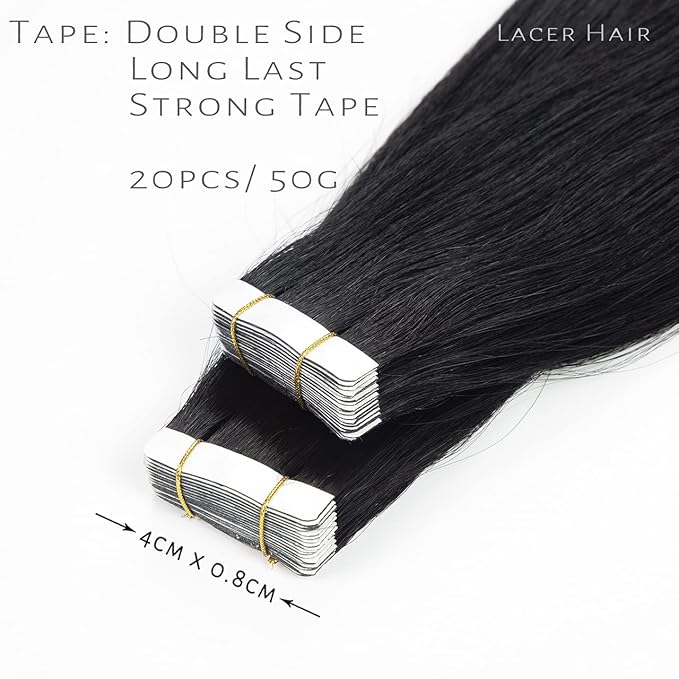 Lacerhair 16 Inch Tape in Human Hair Extensions Natural Balayage PU Skin Weft Tape in Hair Extensions Real Human Hair Color #1 Off Black Double Side 50g 20pcs/set