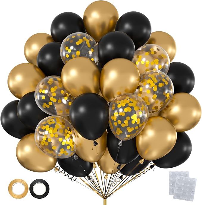 60pcs Black & Gold Balloon Kit, 12 Inch Metallic Gold & Black Gold Confetti by Q%26High+Life