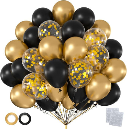 60pcs Black & Gold Balloon Kit, 12 Inch Metallic Gold & Black Gold Confetti by Q%26High+Life