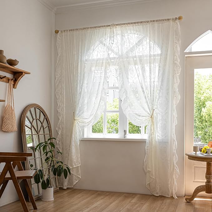 Deeprove Ivory Lace Boho Sheer Curtains Cottage 2 Panels 96 inches Long by Deeprove