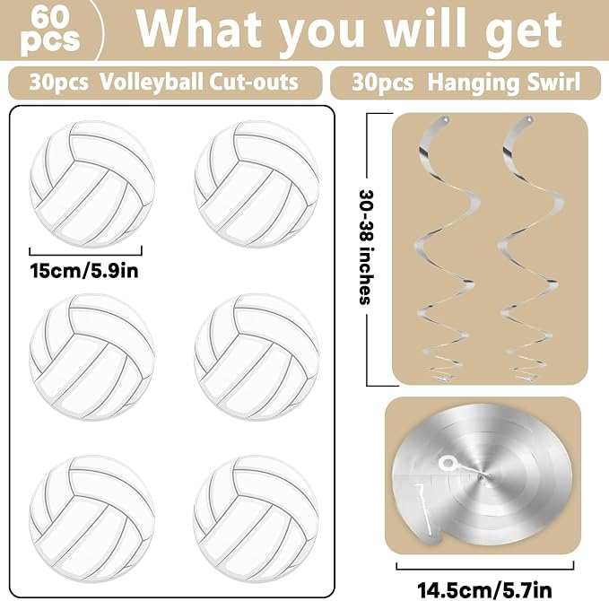 60pcs Volleyball Party Decorations Volleyball Value Foil Swirl Ceiling Hanging - Image 2