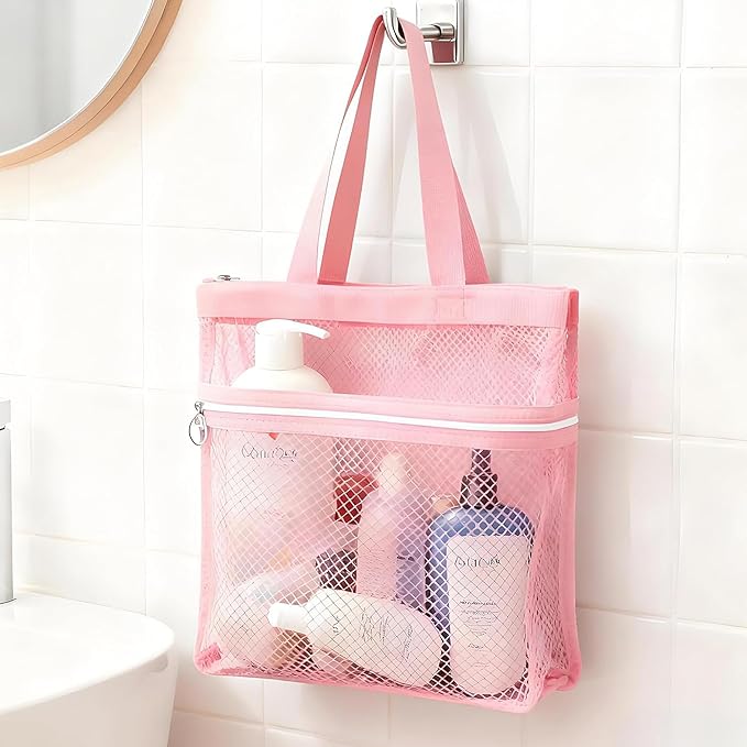 Mesh Shower Caddy Portable Quick Dry Tote Bag with Zipper & 2 Pockets, Large Caddy Mesh Shower Organizer for College Dorm, Swimming, Gym, Beach, Travel Essentials (Pink)