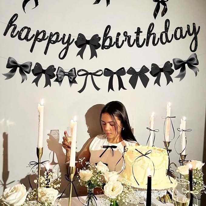 2pcs Glitter Black Bow Party Banner Pre-Strung Happy Birthday Decorations Bow - Image 5