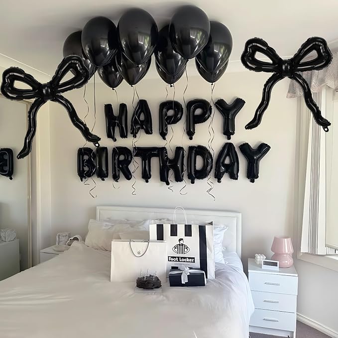 Black Bow Happy Birthday Balloons Banner, 22 Inch Black Bow Foil Balloons - Image 6