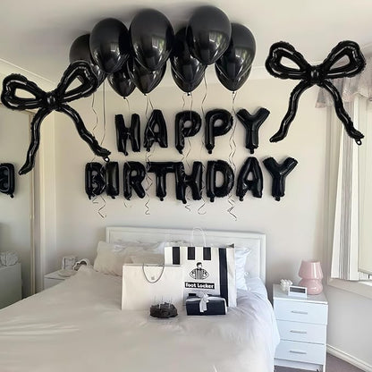 Black Bow Happy Birthday Balloons Banner, 22 Inch Black Bow Foil Balloons - Image 6