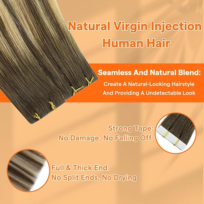 Full Shine Tape in Hair Extensions Human Hair 14Inch Machine Virgin Tape in Extensions Color Medium Brown to Honey Blonde Balayage Short Skin Weft Hair Extensions 10Pcs 20Gram for Women