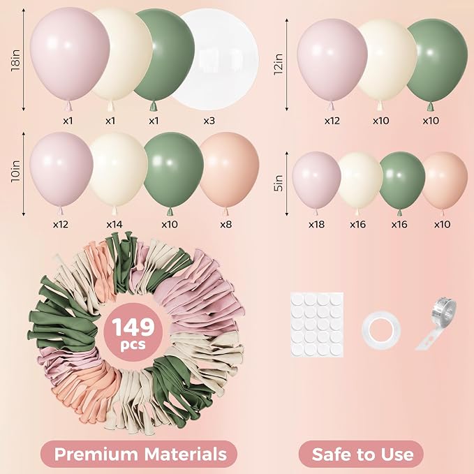 Ouddy Party 149Pcs Pink Sage Green Sand Balloon Garland Kit 18 12 10 5Inch | - Image 3