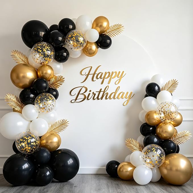 Double Stuffed Black Gold White Confetti Balloon Arch Kit 129 Pcs | Back to - Image 2