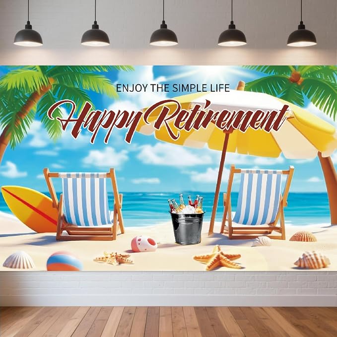 Beach-Themed Retirement Banner, Tropical Happy Retirement Banner Backdrop by Unknown