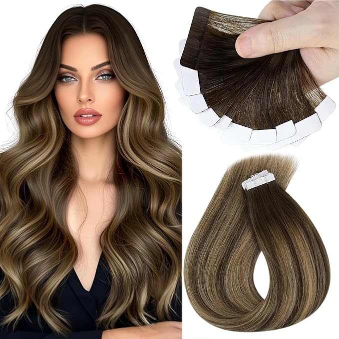 Sunny Hair Tape in Hair Extensions Real Human Hair Invisible Remy Hair Extensions Tape ins for Women Dark Brown Ombre Caramel Blonde Balayage 22 inch 25G