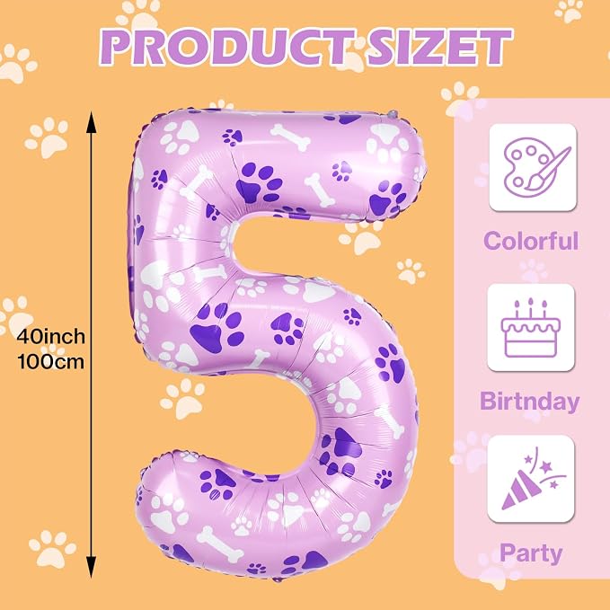 40 Inch Pink Dog Paw Birthday Balloons, Numeral 5 Balloons - Image 2