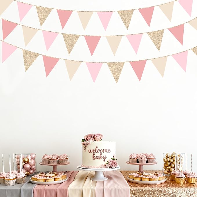 Champagne Gold Dusty Rose Pink Beige Party Pennant Banner Flag Hanging Glitter - Image 7