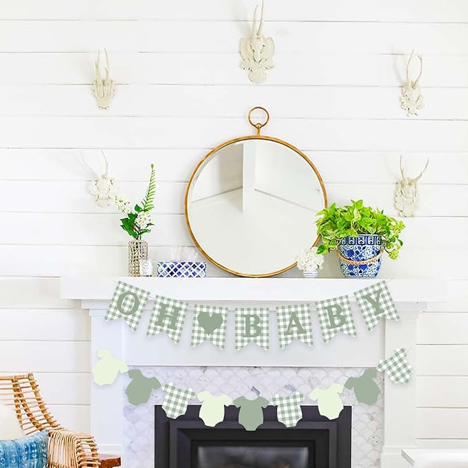 Green Gingham Baby Banner Sage Plaid Welcome Baby Shower Sign Decoration - Image 4