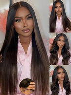 Julia Hair Chestnut Brown Ombre Yaki Straight 7x5 Pre Cut HD Lace Put On and Go Wig Bye Bye Knots Glueless Human Hair Wigs with Invisi Drawstring Pre Plucked Bleached Knots Beginner Friendly 18 Inch