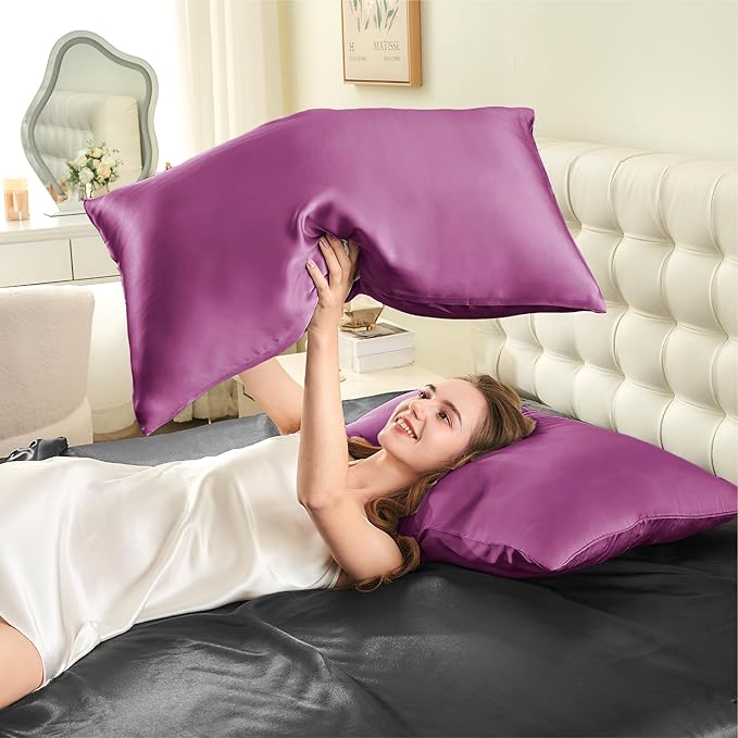 INFIIXSO Mulberry Silk Pillow Cases King Size Set of 2, Silk Pillowcase with Hidden Zipper 20"x36", Extraordinary Smooth and Soft Pillow Case for Hair and Skin(Purple, 2 Pack)