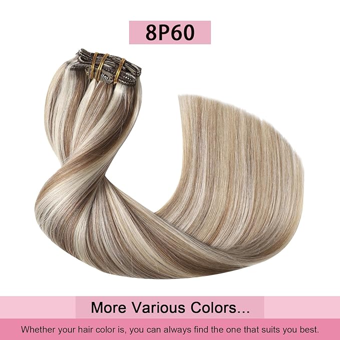 Pro2.0 Remy Real Human Hair Extensions Clip ins 120g Thick 7pcs Color #8p60 Brown Highlights Platinum Blonde Remy Clip in Hair Extensions Real Human Hair 16inch Double Weft（#8p60-16inch）