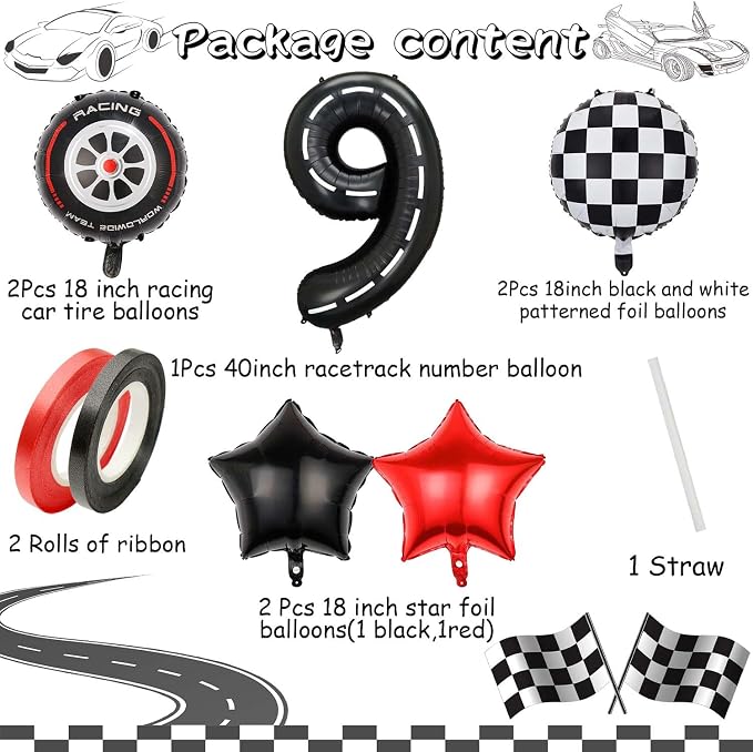 Race Car Balloons, 40 Inch Racetrack Number 9 Balloon, Big Number Balloons Black - Image 7