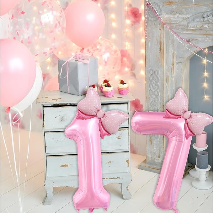40 inch Number 17 Balloon with Bow Pink Happy Birthday Jumbo Number Balloons - Image 3