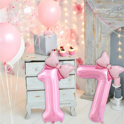 40 inch Number 17 Balloon with Bow Pink Happy Birthday Jumbo Number Balloons - Image 3