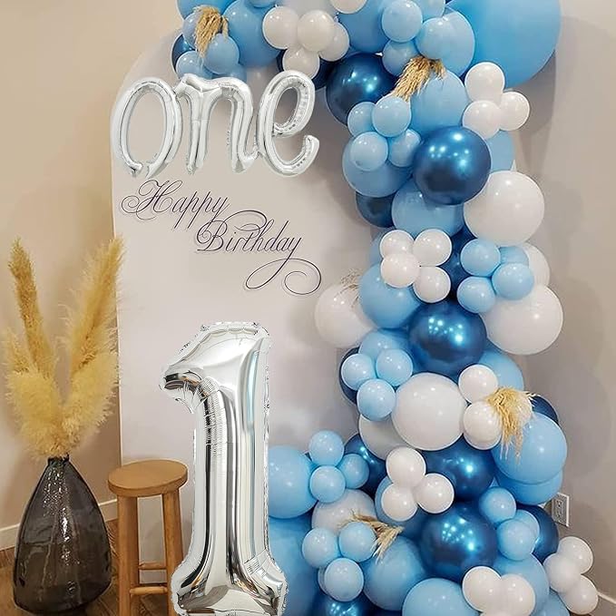 2Pcs Silver Foil 40" Number 1 and 26" Script Letter One Balloon Set | Large - Image 5