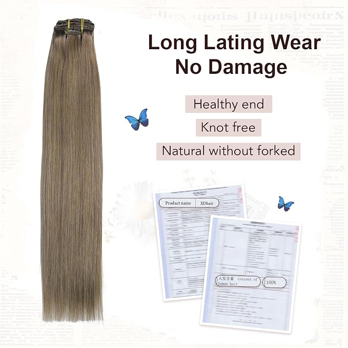 XDhair Clip in Hair Extensions Human Hair,120g 18 Inch Ash Brown Clip in Remy Hair Extensions Straight for Women 6 Pieces (#8,18Inch)