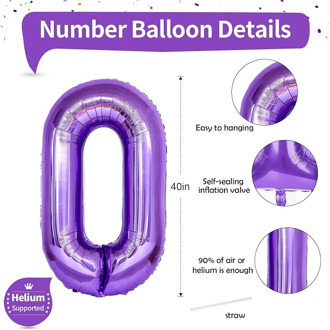 Purple Number Balloons, 40 Inch Foil Large Balloons, Helium Self Inflating - Image 3