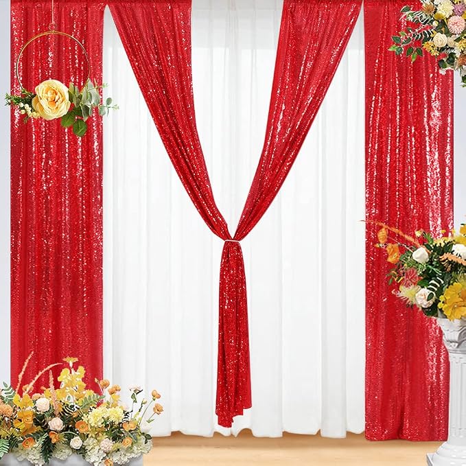 Eternal Beauty Red Sequin Backdrop Curtains, 2 Panels 3x7FT | 3mm Sparkle - Image 8
