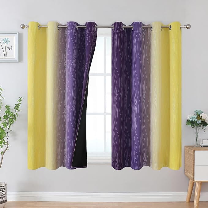 Yellow and Purple Ombre Blackout Curtains 45 Inch Length 2 Panels, Full Room - Image 2