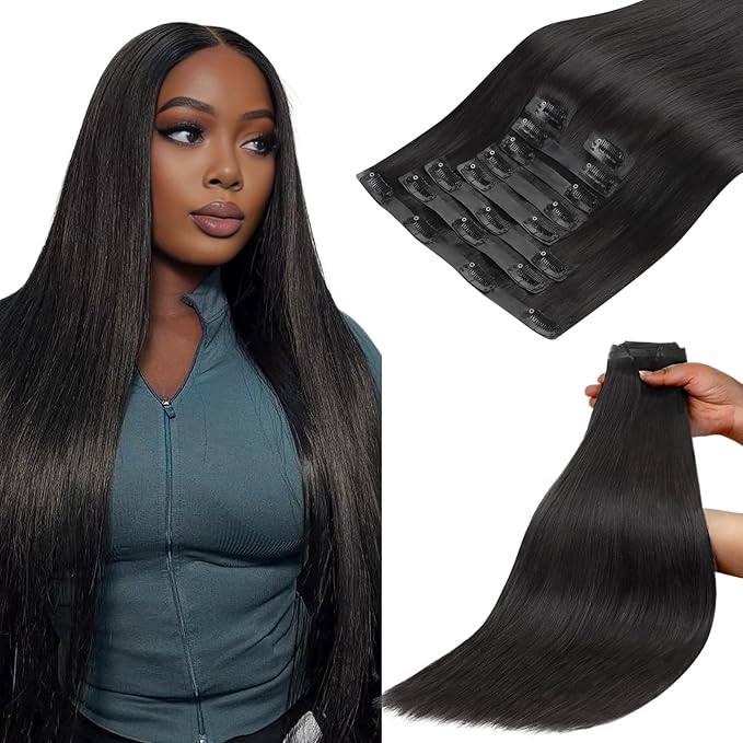 Lashey Seamless Clip in Hair Extensions Human Hair Extensions, 200g 9pcs Straight Natural Black Fuller Real Human Hair Clip in Extensions 22 Inch