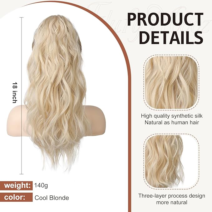 FLUFYMOOZ Ponytail Extension, 18 Inch Claw Clip Ponytail Extension, Wavy Curly Claw Clip in Ponytail Hair Extensions, Natural Fake Ponytail Synthetic Hairpiece for Women (Cool Blonde)