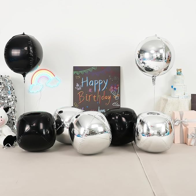 6Pcs Black Silver Round Foil Balloons, 22inch 4D Metallic Silver Black Balloons - Image 3