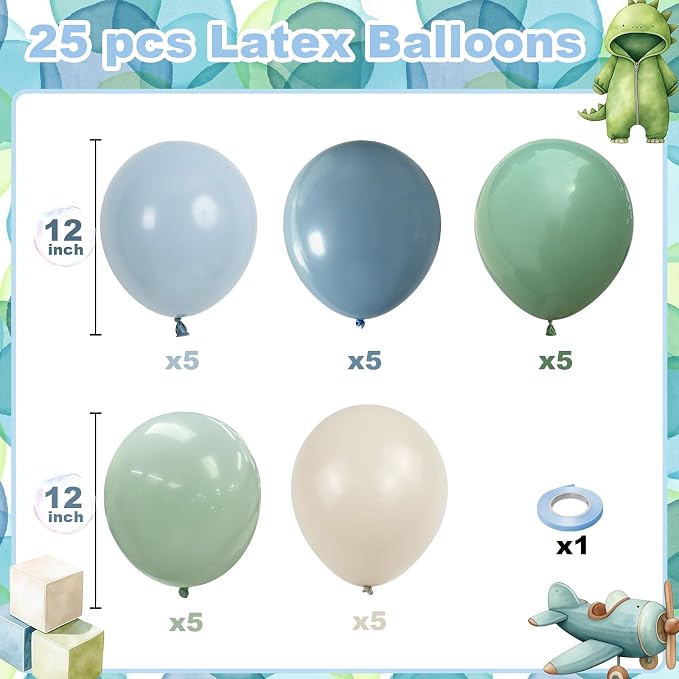 Sage Green Dusty Blue Balloons, 12 Inch Light Green Blue Sand White Latex - Image 2