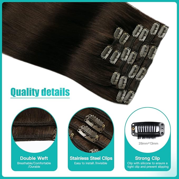 SURNEL Clip in Hair Extensions Real Human Hair 6pcs 14inch 100g Dark Brown Clip in Hair Extensions (#2,14'')