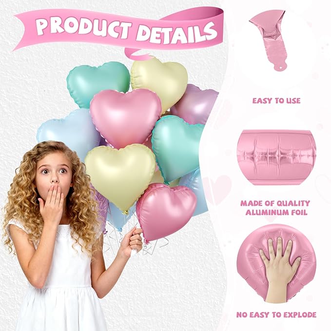 Pastel Heart Balloons, 18 Inch Pastel Pink Purple Teal Blue Yellow Foil - Image 3