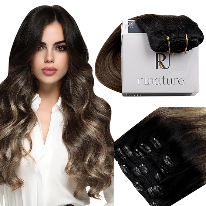 RUNATURE Balayage Clip in Hair Extensions Real Human Hair, Remy Hair Extensions Clip Ins, Double Weft Human Hair Clip in Extensions, 16 Inch 120g 7pcs #1B/6/27 Black Rooted to Brown Highlight Blonde