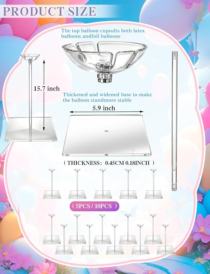 Clear Acrylic Balloon Stand Kit, 5 Pack, 15.75 Inch | Reusable Balloon Sticks - Image 2