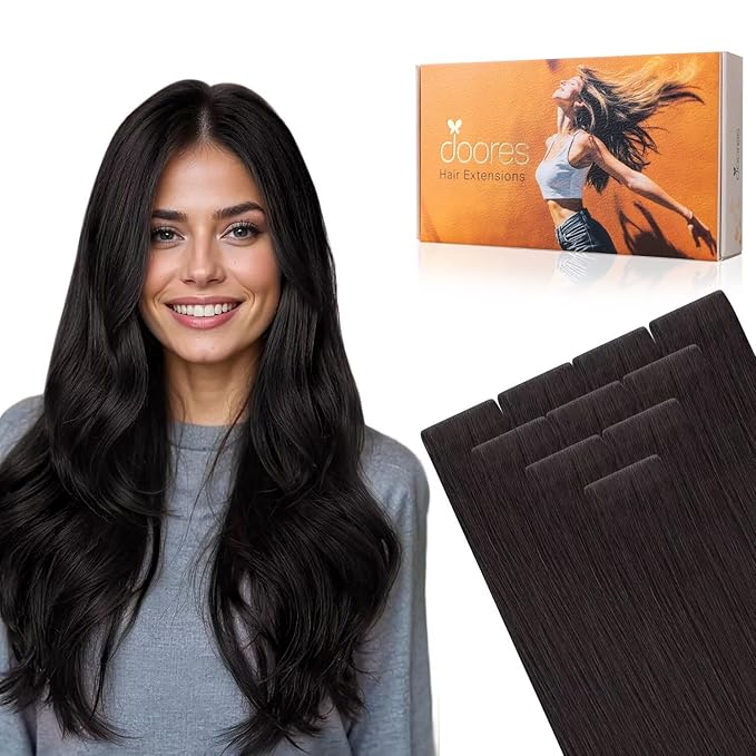 DOORES Invisi Edge Tape in Hair Extensions Real Human Hair, Natural Black 10pcs Injection Tapeins, 25g 16 Inch, Human Injected Tape in Extensions Straight Thick End