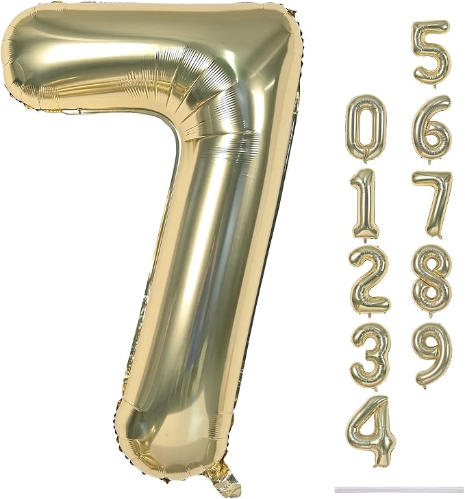 40'' Champagne Gold Number 7 Balloon, Self Inflating Foil Number Balloons Set by Lingqiang